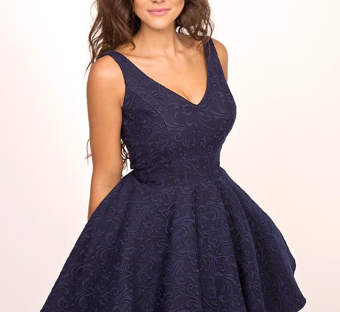 Společenské dámské šaty na ramínka s kolovou sukní tmavě modré - Sherri