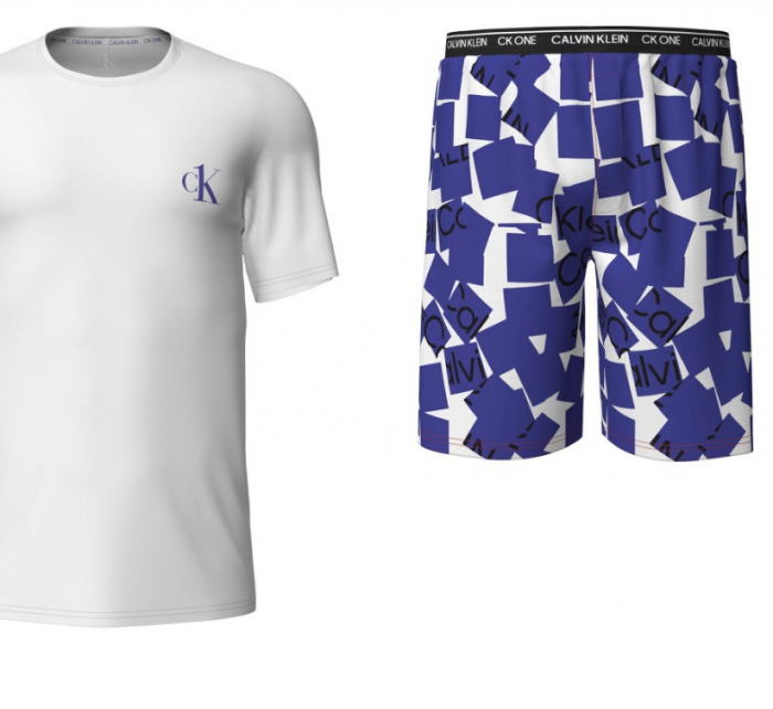 Pánské krátké pyžamo 000NM2128E 6OF bílá/modrá - Calvin Klein