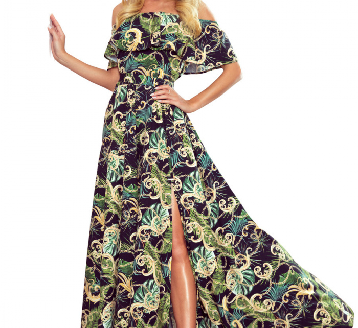 Dlouhé dámské šaty se španělským výstřihem a vzorem zelených listů a zlatých řetízků 194-4 - Numoco