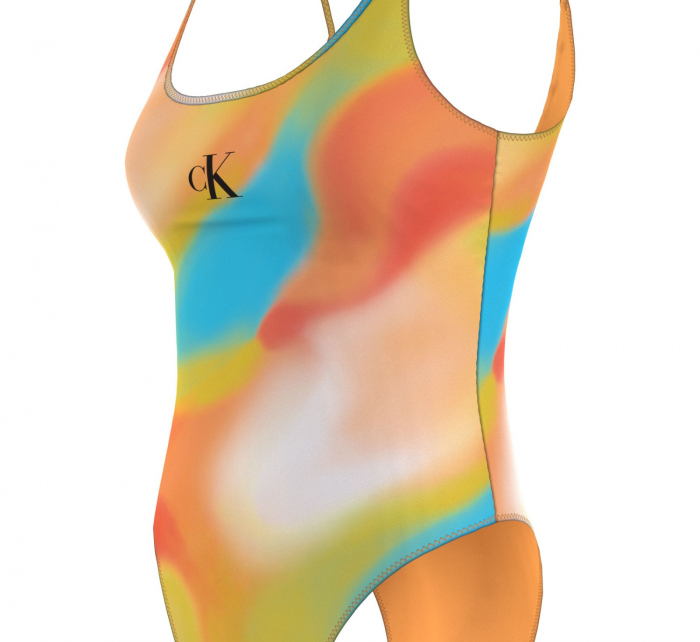 Dámské jednodílné plavky SCOOP ONE PIECE-PRINT KW0KW02086 0G0 oranžovožluté - Calvin Klein
